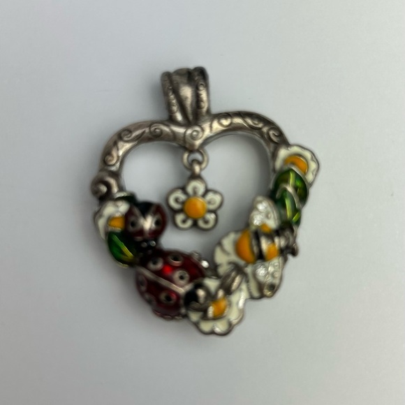 Brighton Garden Heart Pendant Enamel Flowers Ladybug Silver Tone Key Fob